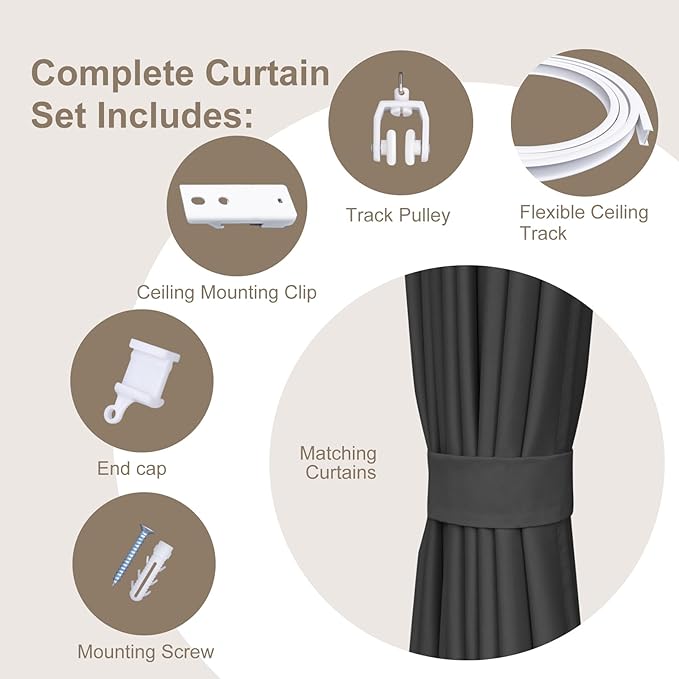 Room Divider Curtains & Flexible Bendable Tracks Set,Privacy Dividers Ceiling Track Curtain Window Blackout Curtains for Living Room Bedroom (W10 × H7 FT 1 Panel Black Drape & White Rail)