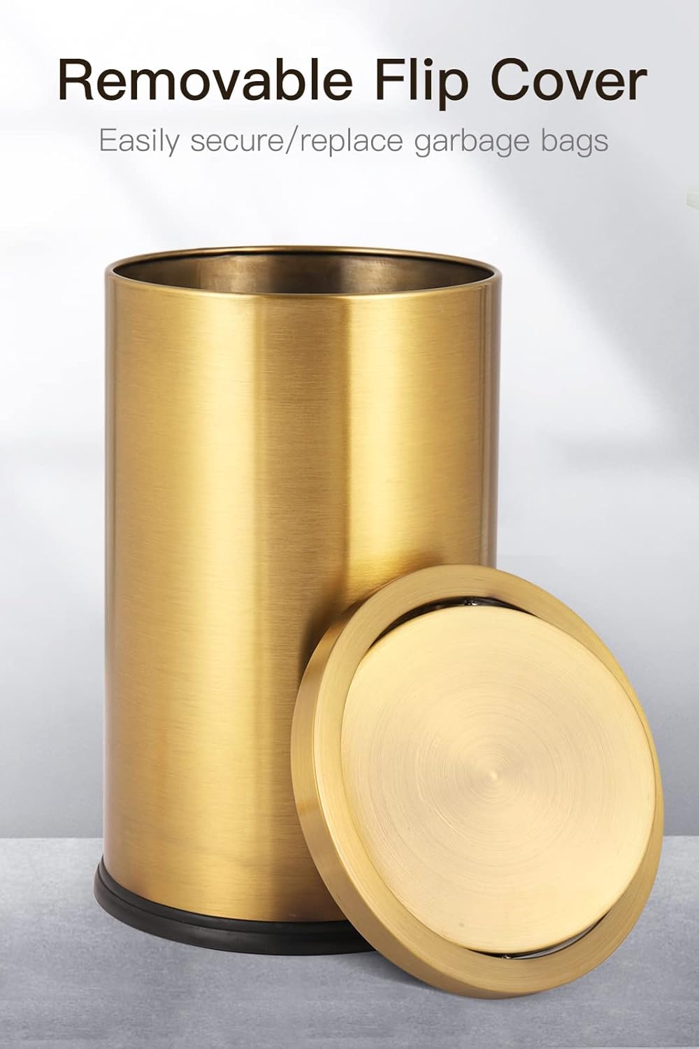 Stainless Steel Gold Trash can with Flipping Lid 2.4gallon Fingerprint-Proof Garbage cans Wastebasket Bin for Kitchen bothroom Living Room (Black with Gold lid, 2.6 Gallon)