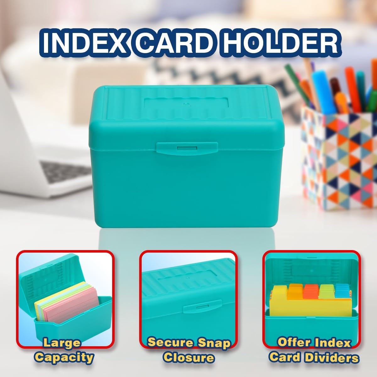 H4D Index Card Holder 3x5 Inches with 25 Plastic Dividers, Teal