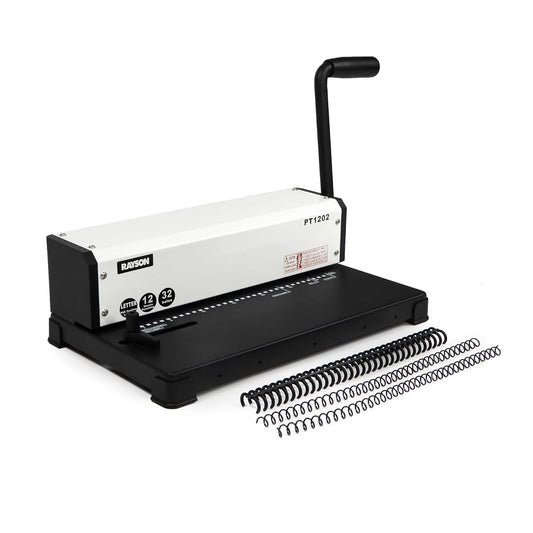 Rayson PT1202 Coil Binding Machine, 3:1 Pitch, 32 Hole Punch for Spiral & Click Binding Spines, Metal Spiral Binder Hole Punch, Punches 12 Sheets at a Time
