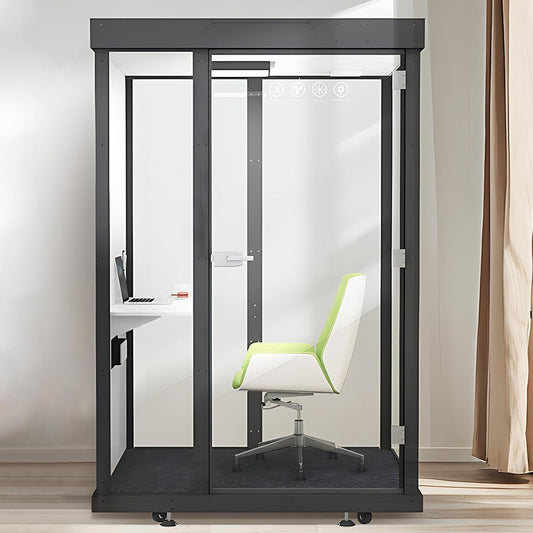 Office Sound Booth with Audio Privacy - Modern Soundproof Booth Includes Black Transparent Glass Design,Freestanding Office Room with Light, Fans,Casters for Study,Game (52.36IN)