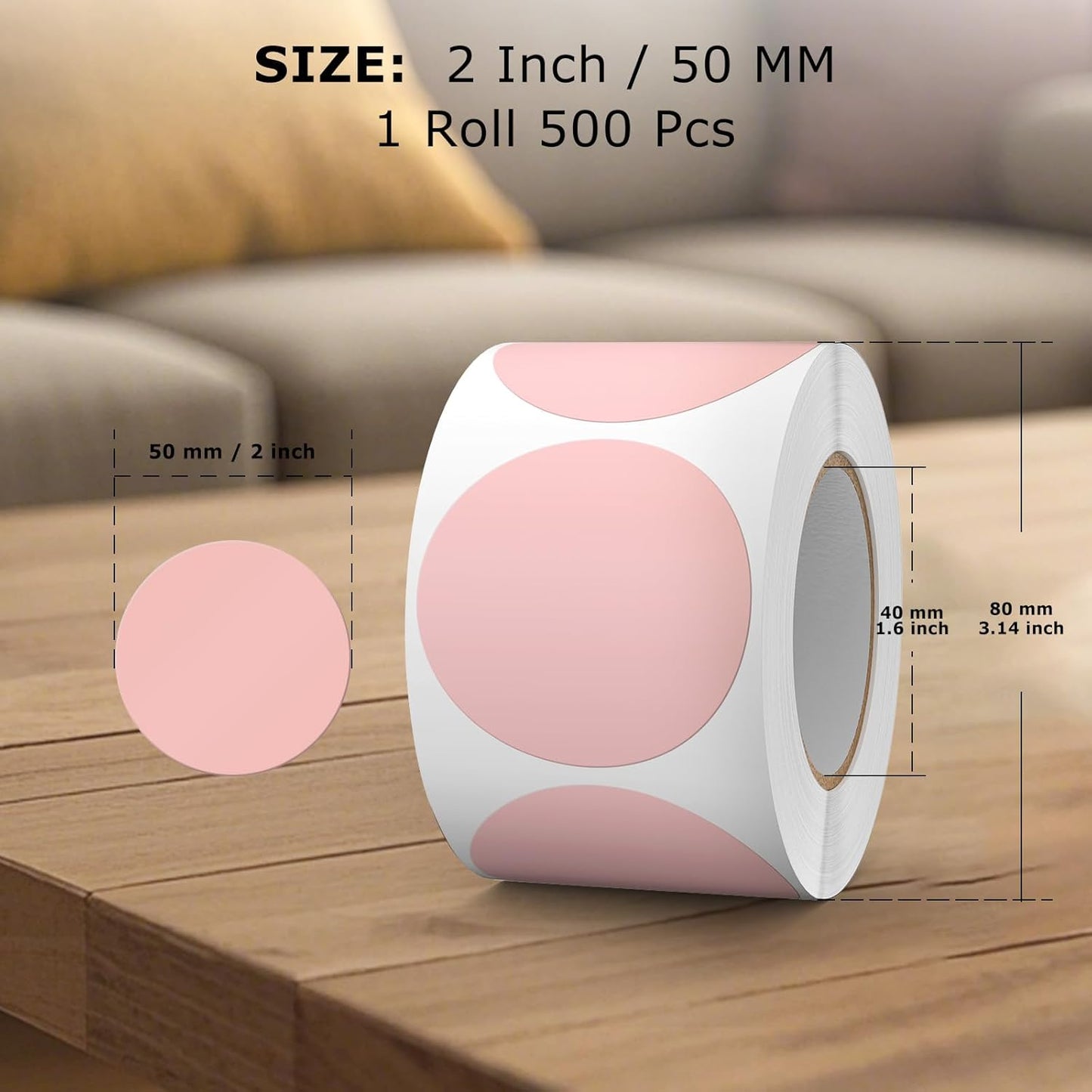 500 PCS Pink Dots Stickers 2 Inch Vinyl Color Coding Round Sticker Removable Writable Circle Labels Roll for Office Inventory Garage Yard Sale Tag