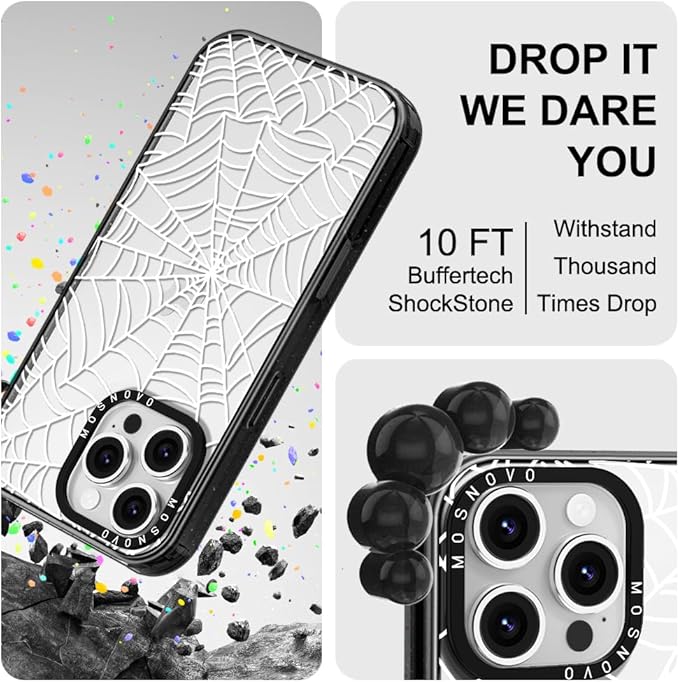 MOSNOVO Case for iPhone 16 Pro Max, [10ft 4X Military-Grade Drop Protection] Durable & Shockproof Phone Case Cover Design for iPhone 16 Pro Max - Spider Web - Clear Black