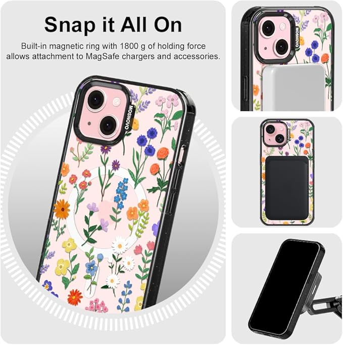 MOSNOVO Magnetic Case for iPhone 15 Plus, 10ft Military-Grade Protection, Compatible with Magsafe, Shockproof Phone Case for iPhone 15 Plus / 14 Plus - Botanical Floral - Clear Black