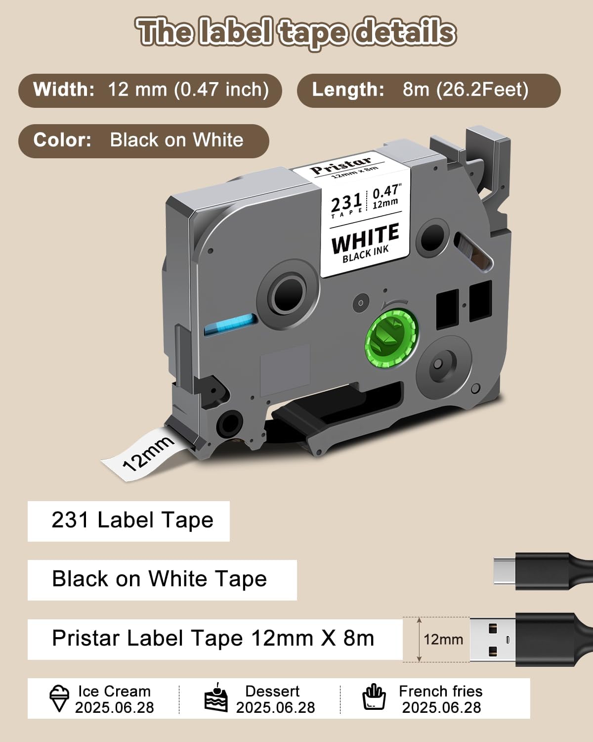 Replace for Brother Label Maker Tape 12mm 0.47 Laminated Black on White TZe-231 TZe231 TZ Tape, PTouch Compatible with Brother P Touch D210 D220 H110 D600 D400 1750 2030 Label Maker Refills, 5X
