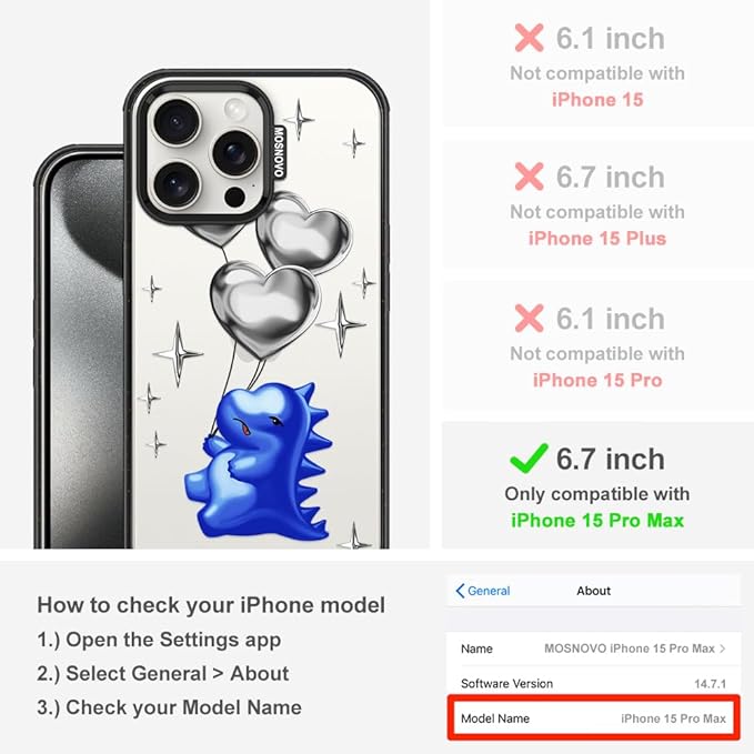 MOSNOVO Case for iPhone 15 Pro Max, [10ft 4X Military-Grade Drop Protection] Durable & Shockproof Phone Case Cover Design for iPhone 15 Pro Max - Balloonasaurus - Clear Black