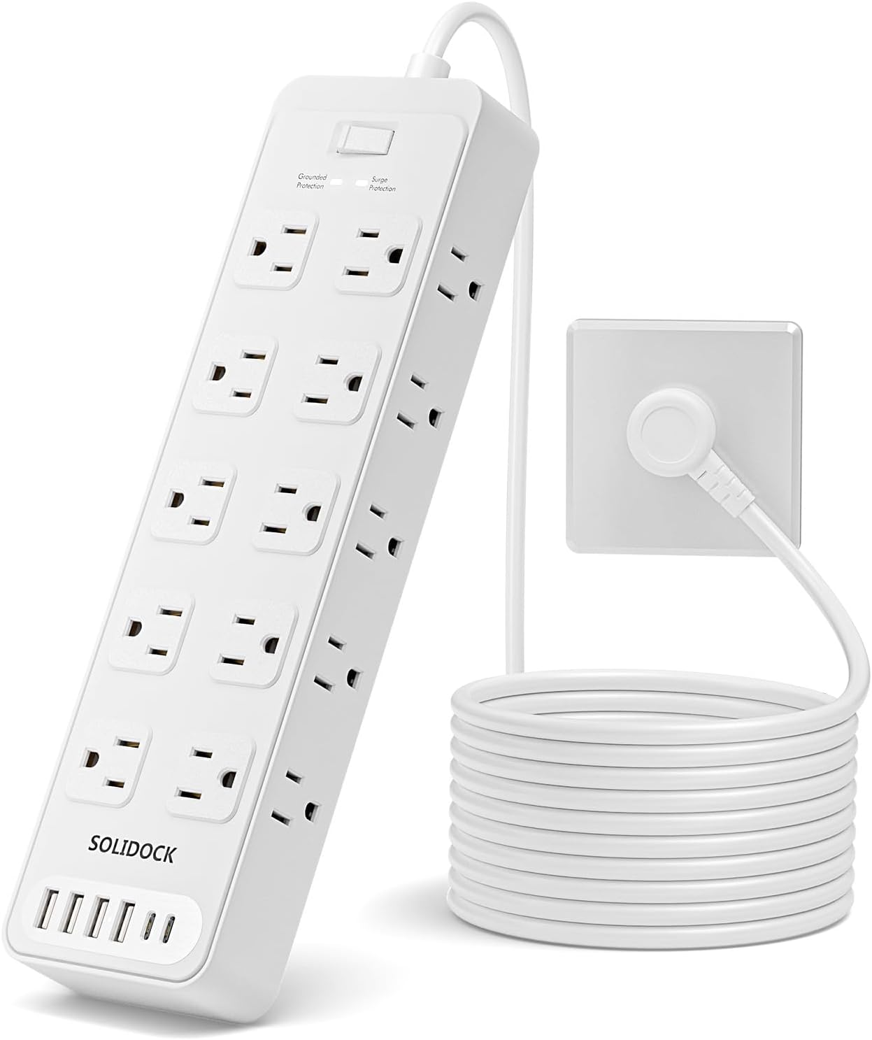 Power Strip Surge Protector Flat Plug with 20 AC Outlets 6 USB Chagring Ports, 1875W/15A, 2700J, 10 Ft Heavy Duty Extension Cord for Home, Office, Dorm, Gaming,ETL Listed (White, 10FT)