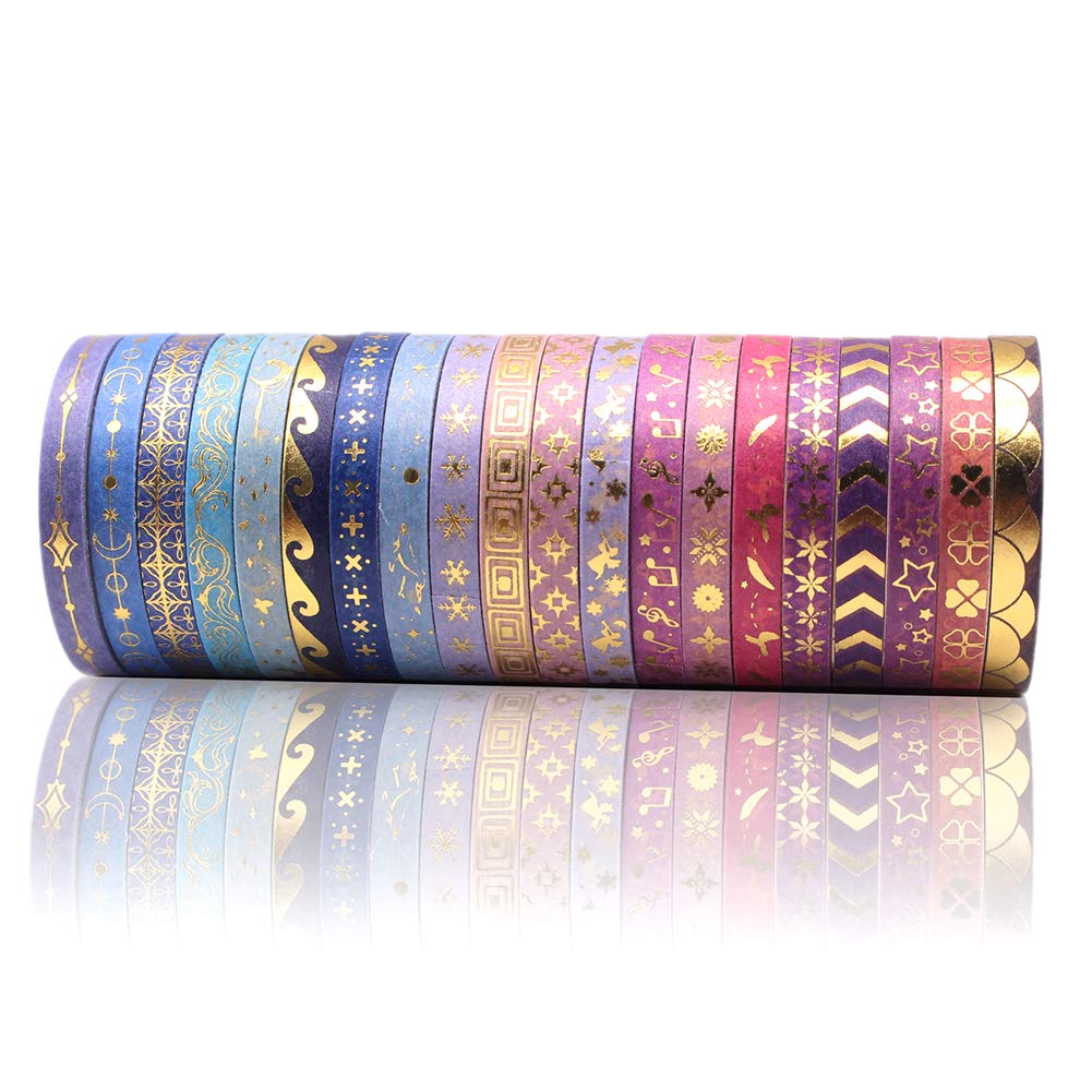 AEBORN Thin Purple Washi Tape - 20 Rolls 5mm Gold Foiled Skinny Washi Tape Set, Pretty Star Washi Tape for Bullet Journal, Scrapbook, Gift Packaging, DIY Crafts