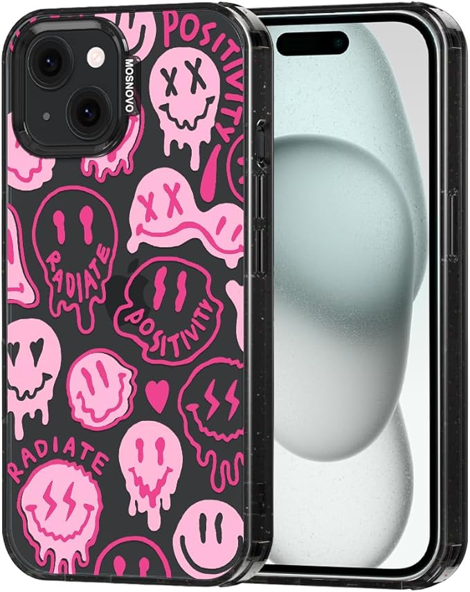 MOSNOVO Case for iPhone 15 Plus, [10ft 4X Military-Grade Drop Protection] Durable & Shockproof Phone Case Cover Design for iPhone 15 Plus / 14 Plus - Pink Dripping Smiles - Clear Black