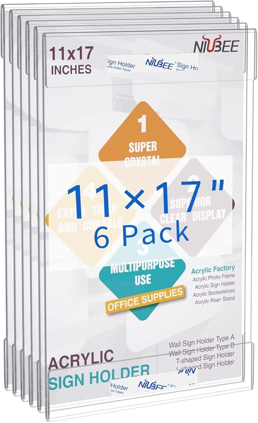 Niubee 6 Pack Acrylic Sign Holder 11 x 17 inches Wall Mount Sign Holders Clear Acrylic Frame with Double Sided Tape Clear Poster Frames Plastic Sign Holder for Office, Home, Restaurant, Vertical