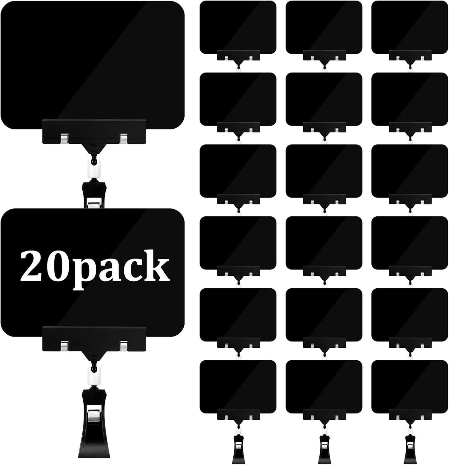 20 Pack Mini Plastic Chalkboard Sign, Price Tag Display with Rotating Clips, Double Head Rotating Merchandise Sign Clip Holder, Erasable Blackboard Holder for Business Supermarket Retail Display