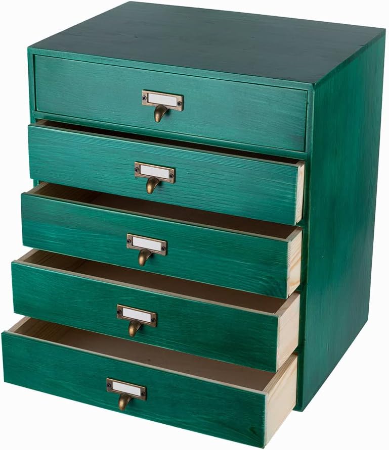 Desktop Drawer Organizer - Large Wooden Drawers Vintage Box with Drawers Paper Storage File Folder Organizer Library Card Catalog Cabinet (L-GREEN)