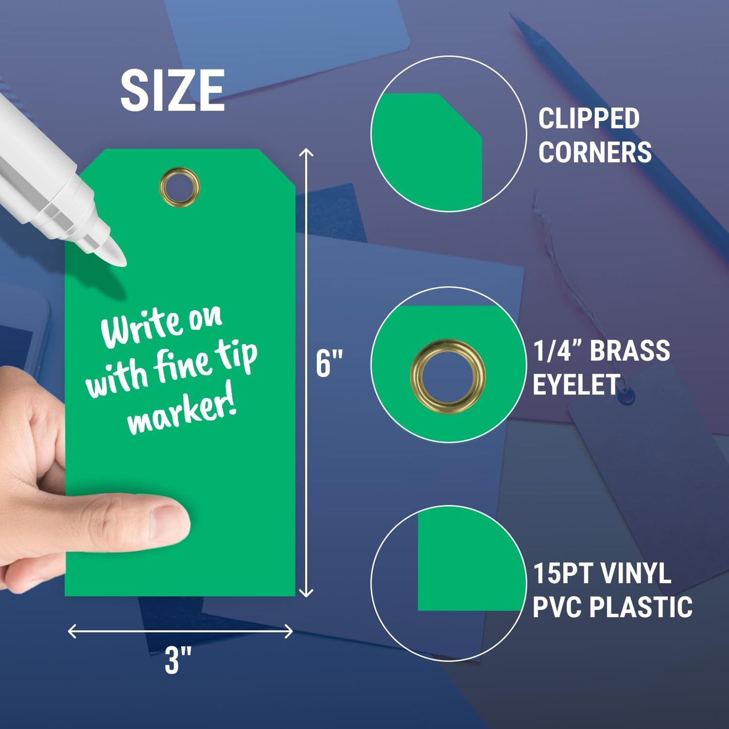 Tags 4 Less 15 Mil Waterproof Plastic Tags, Pack of 100 – 3” x 6” Heavy Duty Plastic Tags for Labeling, Outdoor Tagging, Equipment Labeling, Luggage, Valves & More (Dark Green)