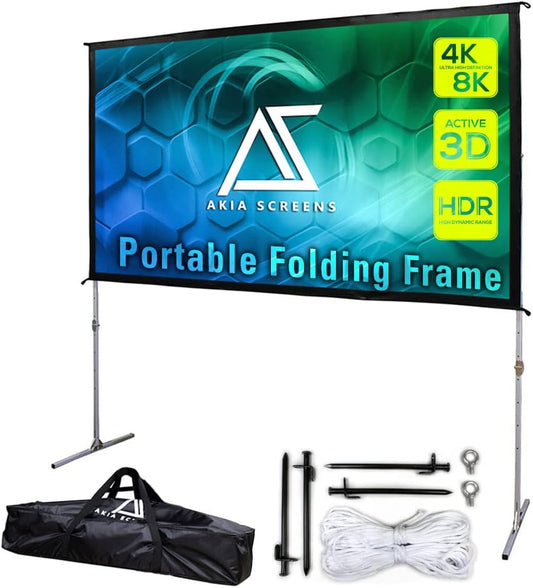 Akia Screens 120 inch Portable Outdoor Projector Screen with Stand and Bag 16:9 8K 4K Ultra HD 3D Adjustable Height Foldable Projection Screen Silver for Movie Video Home Theater AK-OS120H1