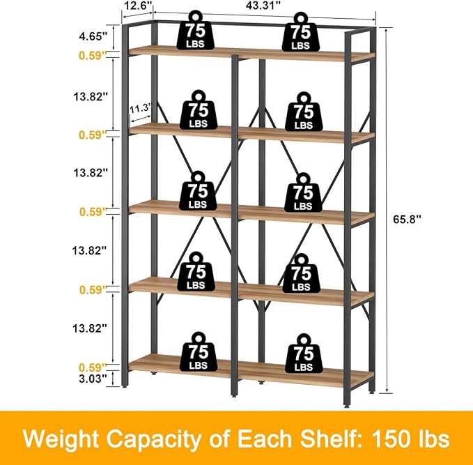 BON AUGURE Industrial Bookshelves and Bookcases, 5 Tier Heavy Duty Etagere Shelving Unit, Farmhouse Rustic Wood Metal Book Shelves for Office, Living Room and Bedroom (Vintage Oak)