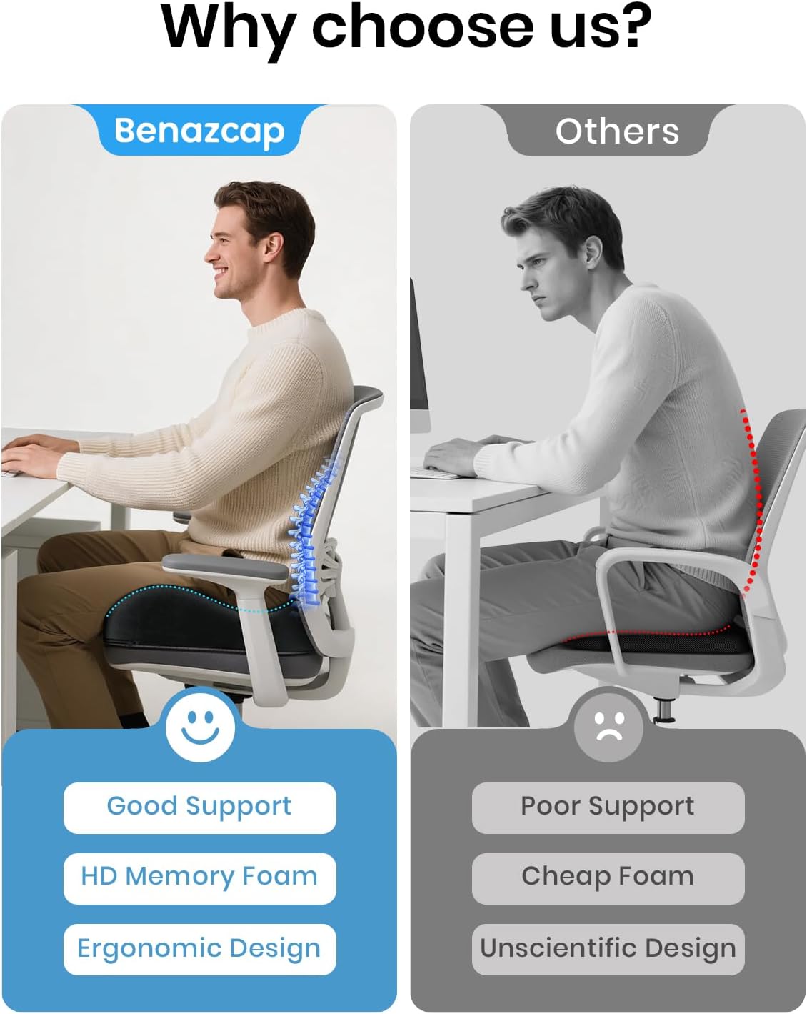 Benazcap Seat Cushion - Memory Foam Office Chair Cushion Seat Pad - Sciatica & Lower Back Pain Relief - Car Seat Cushions for Driving Seat Cushions