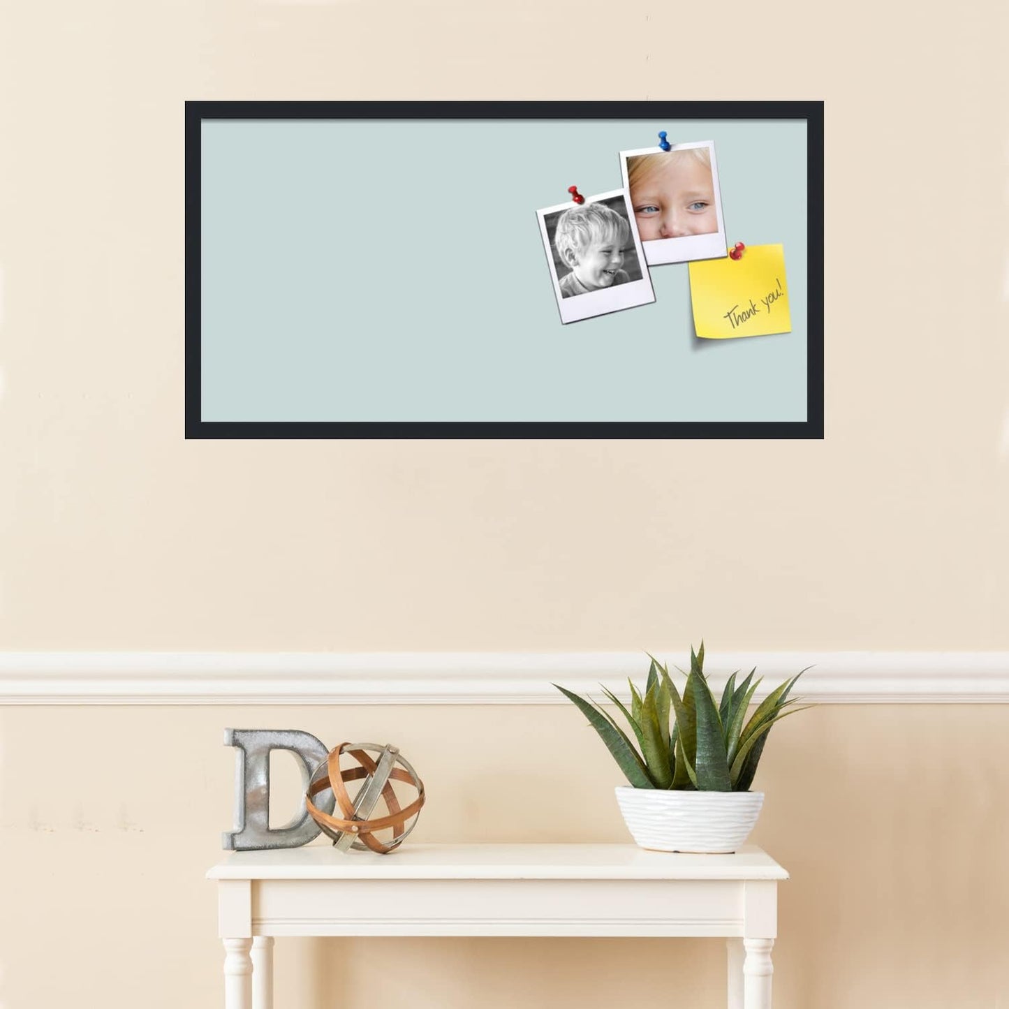 PinPix 36x18 Inch Cork Bulletin Board. This Decorative Framed Pin Board Comes with Soft Blue Design and a Satin Black Frame. Ideal for Home Office Decor or Message Board (PinPix-1814)