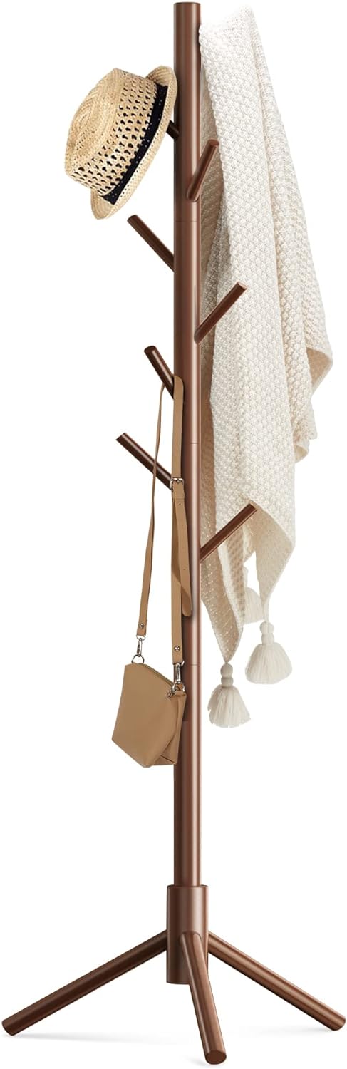 Haddockway Wooden Coat Rack Stand with 8 Hooks New Zealand Pine 3 Adjustable Coat Standing Tree Easy Assembly for Coats, Hats, Scarves and Handbags for Entryway, Hallway, Bedroom, Office