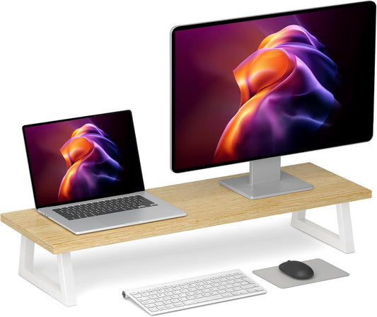 TEAMIX 31.5 inch Dual Monitor Riser - Wide TV Stand for 2 Monitors - Wood & Steel Desktop Riser for Dual Screen Office Desk Organization