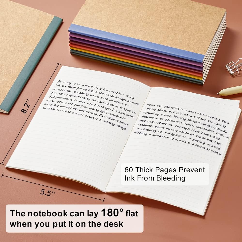 feela 16 Pack Composition Notebooks Bulk, Kraft Cover Lined Blank College Ruled Composition Travel Journals with Jewel Tone Spines For Women Students, 60 Pages, 8.3”x 5.5”, A5, 8 Vintage Colors