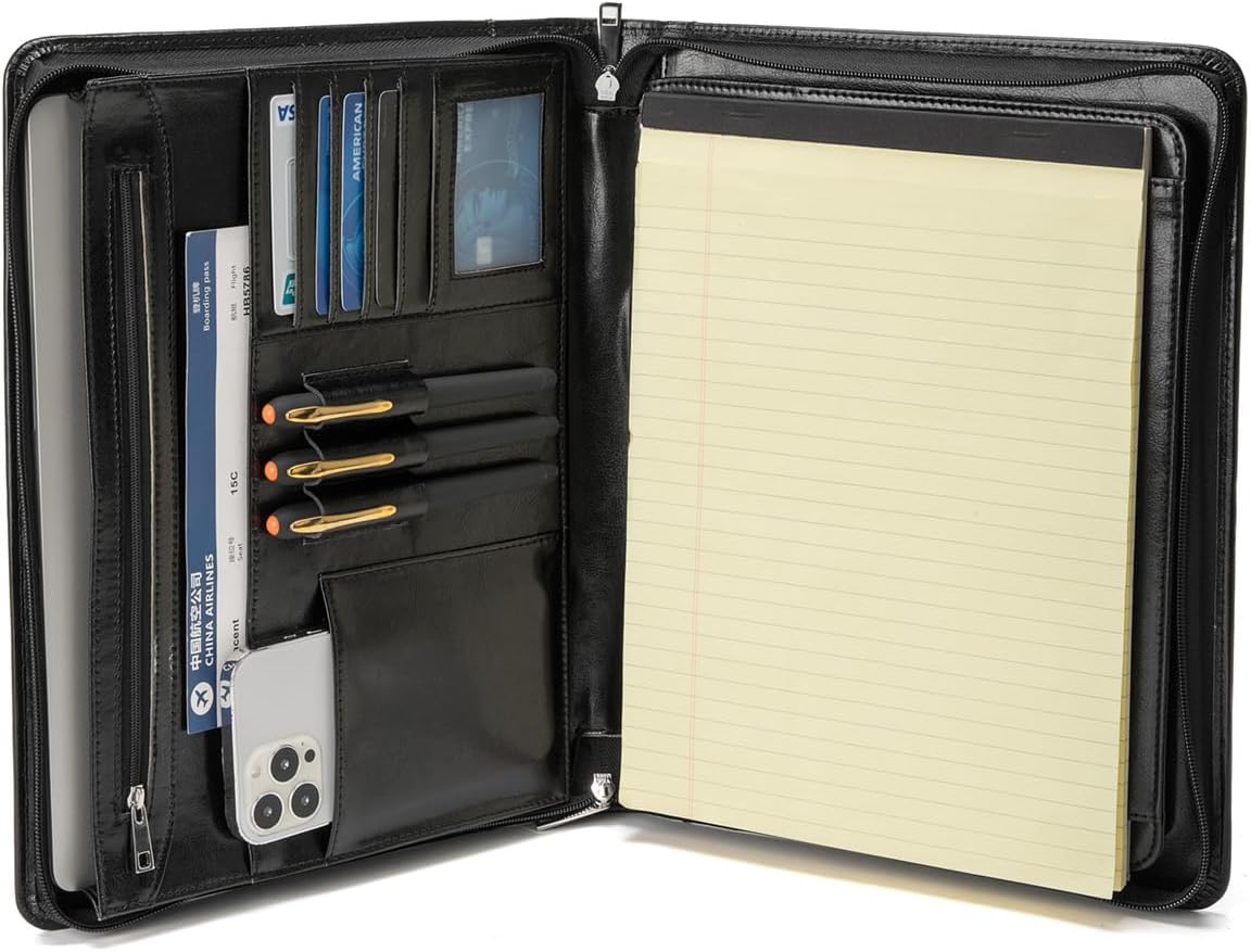 Vegan Leather Portfolio with Hidden Handle, Front Pocket, Business Padfolio Tablet/13” Laptop Organizer, Folio Document Cell Phone Holder, Professional Executive Folder, Black