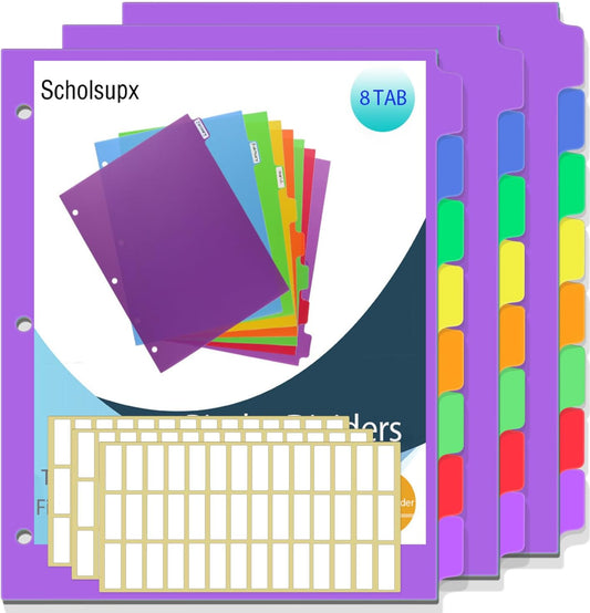 Binder Dividers for 3 Ring Binder, 8 Tab Set, Durable Plastic Dividers with Tabs for Letter Size, Colorful Notebook Dividers for for Office, School