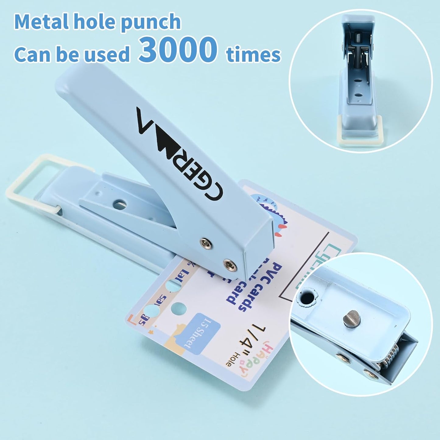 Single Hole Puncher, 1/4" Hole, 50% Labor Savings, Heavy Duty Metal Punch, 15 Sheet Capacity, for ID Cards, Chipboard, Art Project, Crafts Easy Punching, Blue