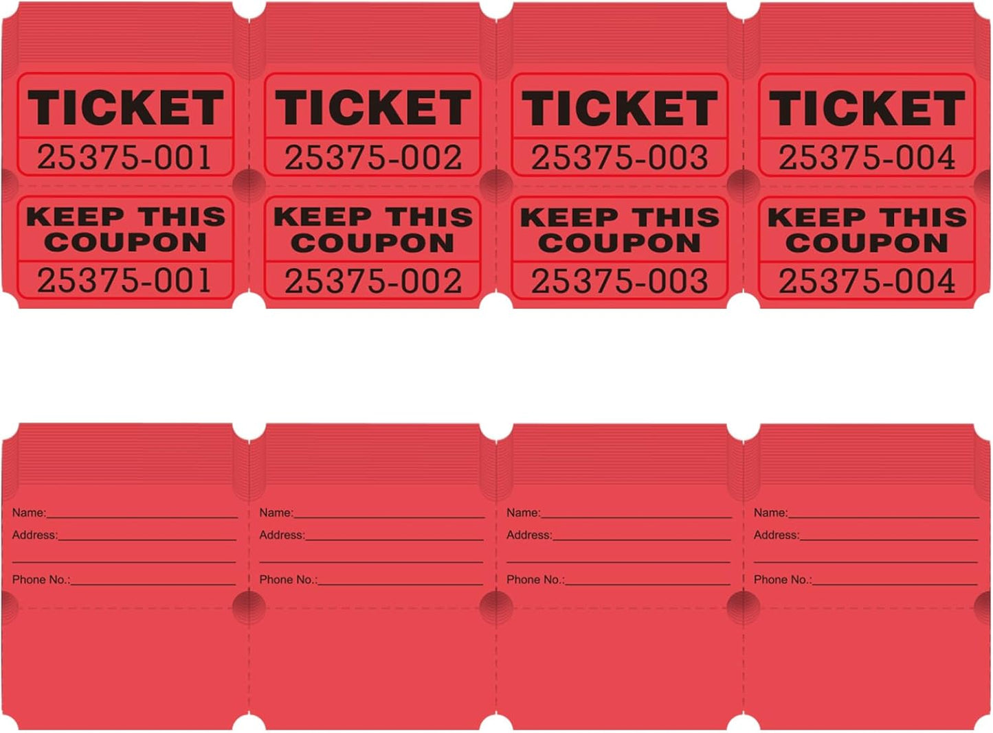 DGBDPACK 100 Raffle Tickets, 50/50 Double Ticket, Bold Numbers for Easy Reading, Ticket for Events, Entry, Class Reward & Prizes -Red