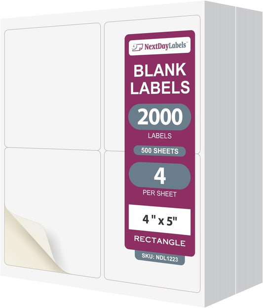 NextDayLabels – 4” x 5” Rectangular Sticker Labels for Printer - White Laser/Inkjet Printer Labels Return Address Labels Shipping Label Stickers (500 Sheets, 4 Per Sheet, 2000 Labels)