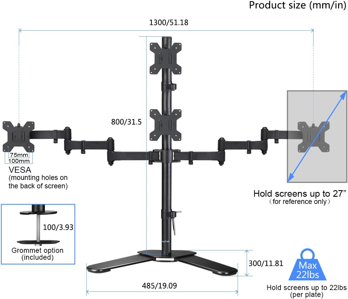 Suptek Quad LED LCD Monitor Stand up Free-Standing Desk Stand Extra Tall 31.5" Pole Heavy Duty Fully Adjustable Mount for 4 (3+1) / Four Screens up to 27 inch (ML6864)