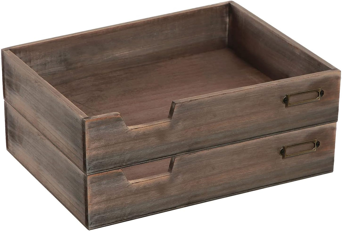 MyGift Set of 2 Vintage Distressed Finish Brown Wood Stackable Office Desktop Document Letter Paper Tray