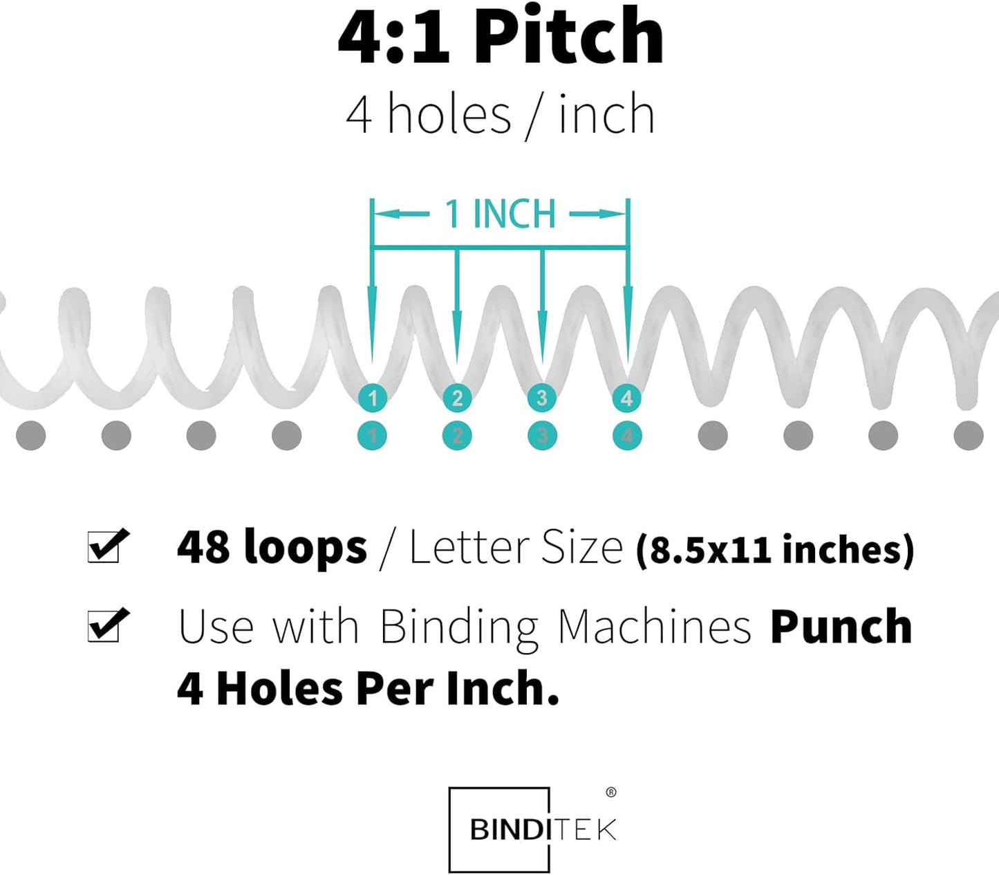 Binditek 50 Pack Plastic Spiral Binding Coils, 6mm(1/4"), 30 Sheet Capacity, 4:1 Pitch, White, 48Loops, for Letter Size, for Students and Coworkers