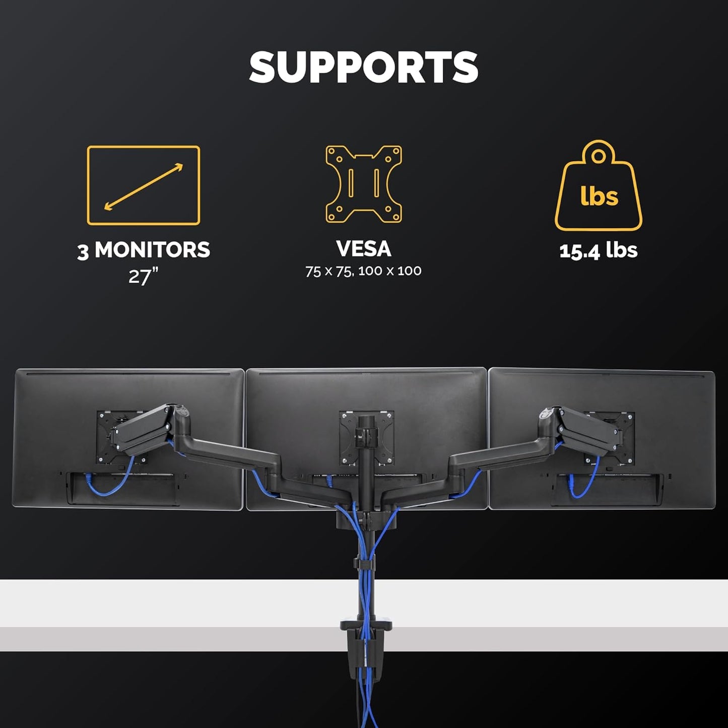Fellowes Platinum Series Triple Monitor Arm for 27-Inch Monitors, Full Motion, 360° Rotation, VESA Mount with Grommet or Clamp, USB Ports, Ergonomic, Black, 8042601