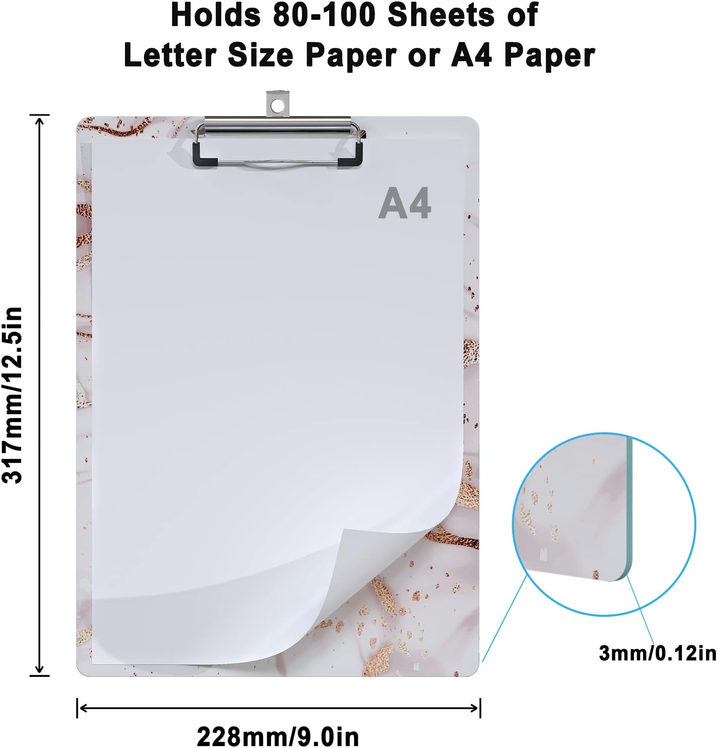 Cute Clipboard Wood Design Decorative A4 Letter Size Clip Boards for Classroom Office, Standard Size 9" x 12.5" with Low Profile Metal Clip - Pink Fluid