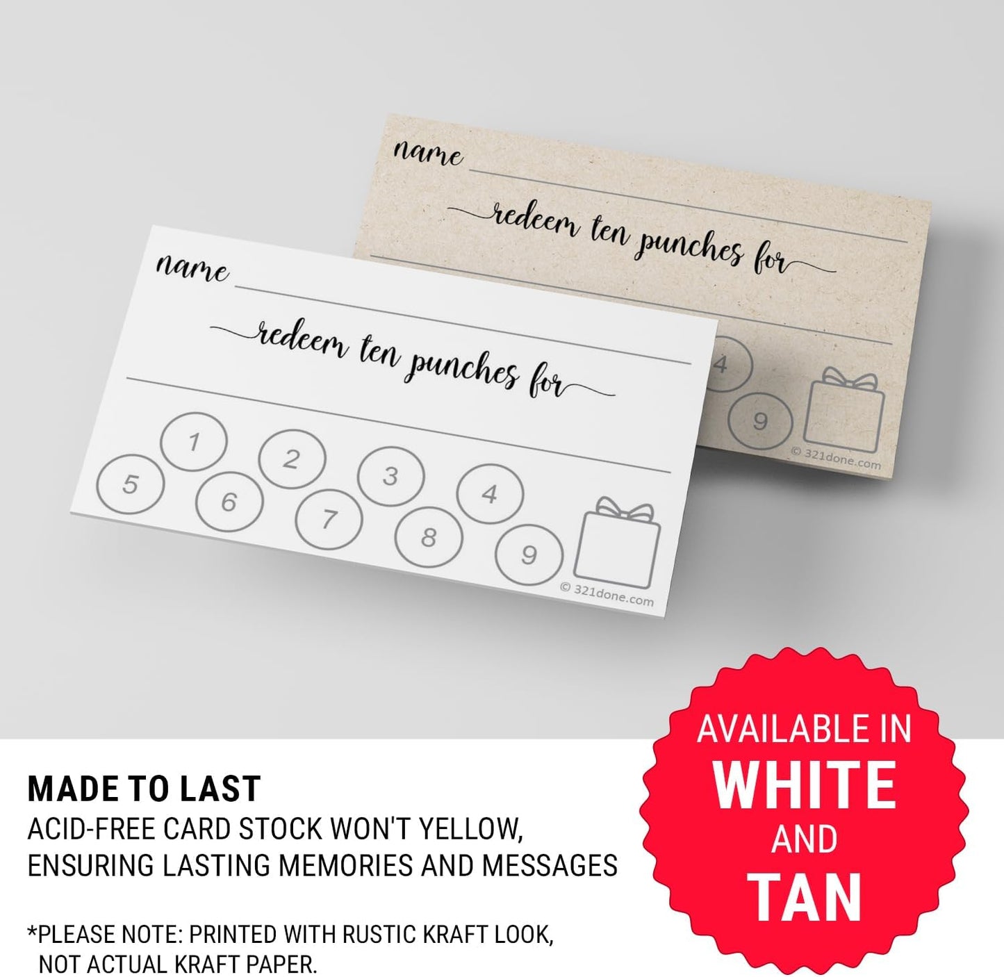 321Done Loyalty Punch Cards, Made in USA - Customer Reward Card 3.5x2, Business Card Size, Redeem 10 Punches or Visit for Prize, White - Set of 50