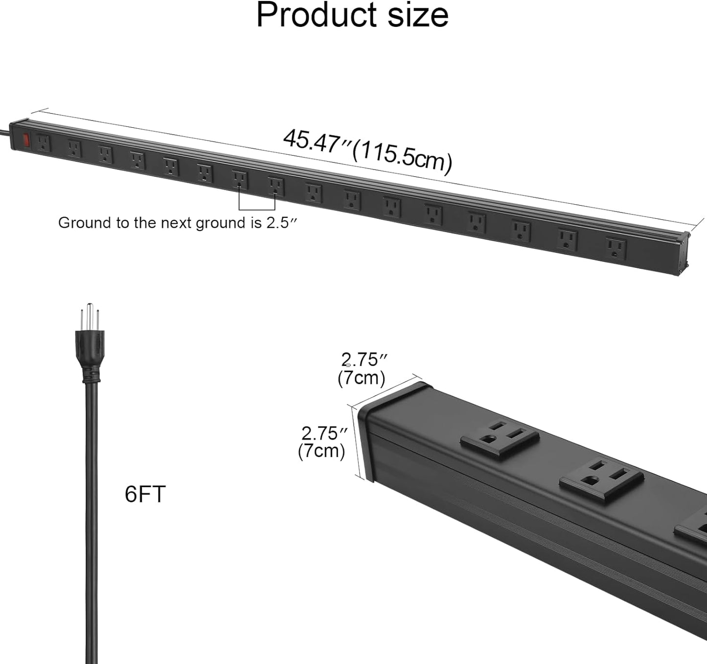 CCCEI Long Heavy Duty Power Strip, 16 Outlet Large Metal Power Strip, Garage Workshop Multi Wide Industrial Power Strip. 15 FT Cord 15A, 125V, 1875W, Black