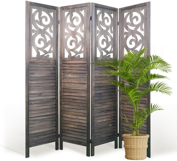 Room Divider, 5.6FT Folding Room Divider Panel, 4 Panel Craved Wood Partition Wall Divider for Room Separation, Rustic Brown