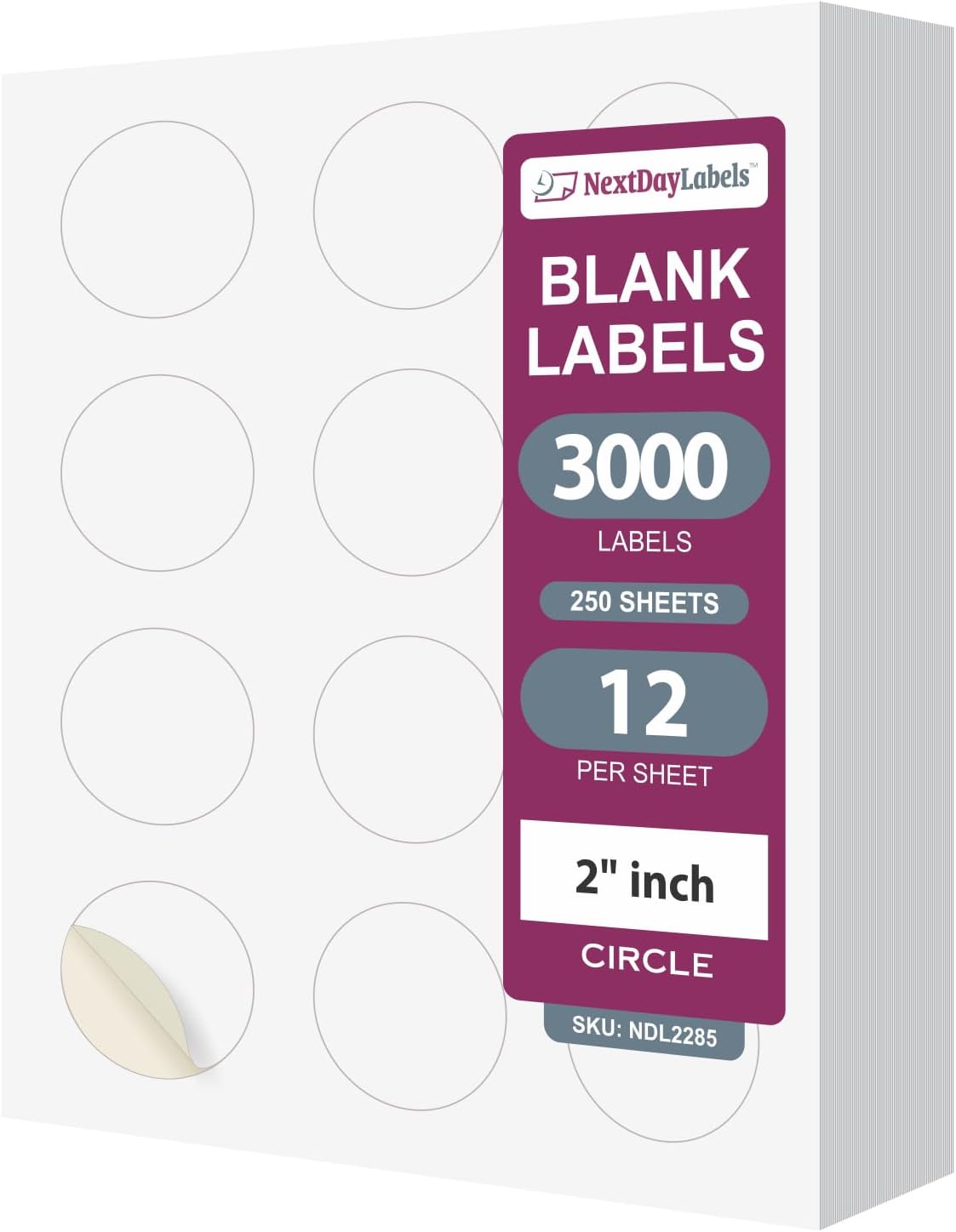NextDayLabels - 2 Inch Round Labels for Bleeds - Sticker Labels for Printer - Matte White Blank Laser/Inkjet Printer Labels - Circle Stickers Printable Labels (250 Sheets, 12 Per Sheet, 3000 Labels)