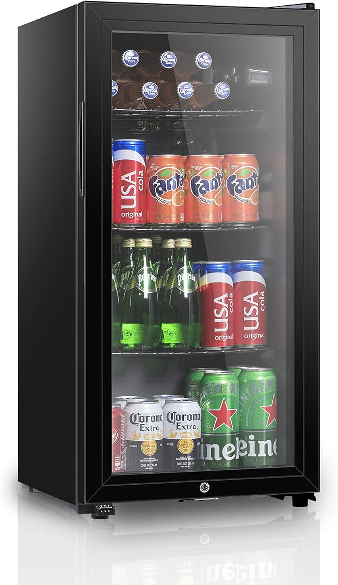 Beverage Refrigerator, 3.2 Cu. Ft, Mini Fridge with Glass Door for Soda Beer, Freestanding Beverage Cooler for Office, Bar, Adjustable Shelving&Adjustable Foot