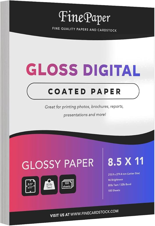 Double-Sided Gloss Digital C2S Paper – Perfect for Color Laser Printing, Design Proposals, Flyers, Brochures | 8.5 x 11 | 80lb Text (32lb Bond) | 96 Bright | Acid Free, Glossy Coated | 100 Sheets