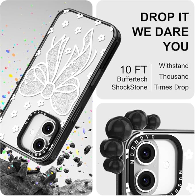 MOSNOVO Case for iPhone 16, [10ft 4X Military-Grade Drop Protection] Durable & Shockproof Phone Case Cover Design for iPhone 16 - Lacey Bow - Clear Black