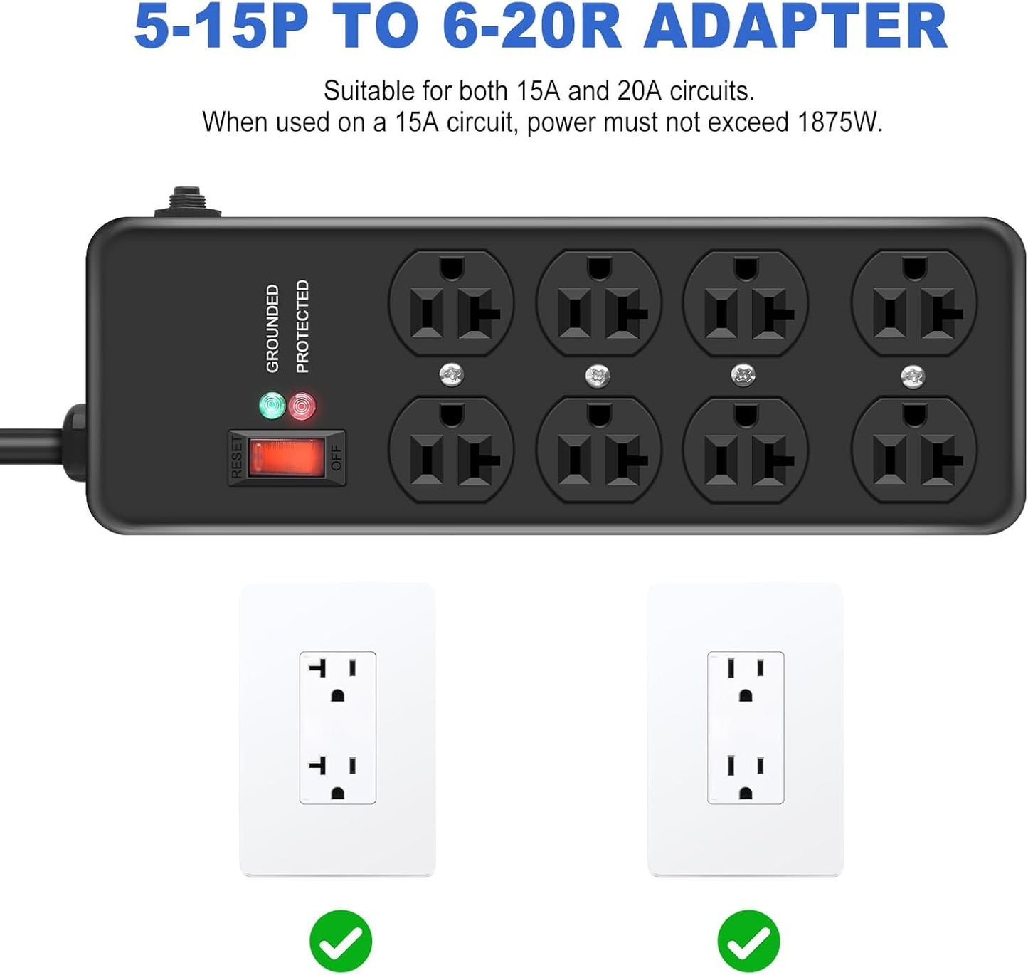 20Amp Power Strip Surge Protector, Durable Metal 8-Outlet with Heavy Duty 20 Amp 10Ft 12 Gauge Extension Cord, for Garage, Workshop & Industrial Use with 6-20R T-Slot Outlets, 4800J