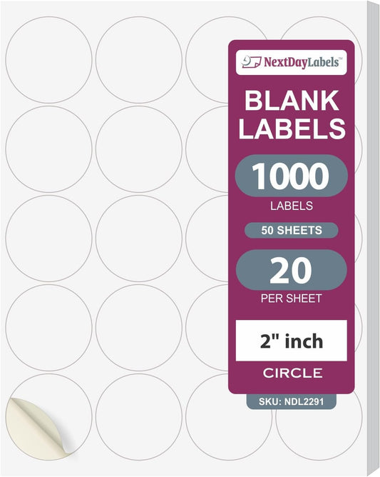 NextDayLabels - 2 Inch Round Labels - Round Sticker Labels for Printer - Matte White Blank Laser/Inkjet Printer Labels - Circle Stickers Printable Labels (50 Sheets, 20 Per Sheet, 1000 Labels)