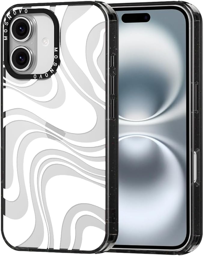 MOSNOVO Case for iPhone 16 Plus, [10ft 4X Military-Grade Drop Protection] Durable & Shockproof Phone Case Cover Design for iPhone 16 Plus - White Swirl - Clear Black