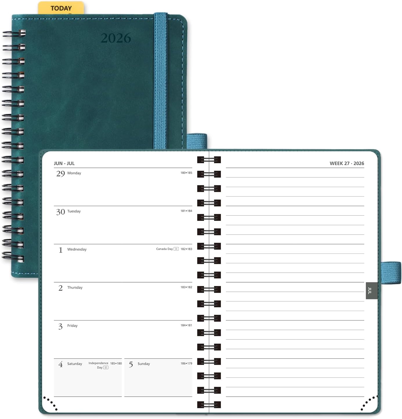 POPRUN 2026 Planner Weekly Notebook (Jan-Dec), Small Size 4''x 6.25'' - 2026 Pocket Calendar for Purse with Spiral Soft Cover, Plastic Ruler, Inner Pocket, 100 GSM - Petrol
