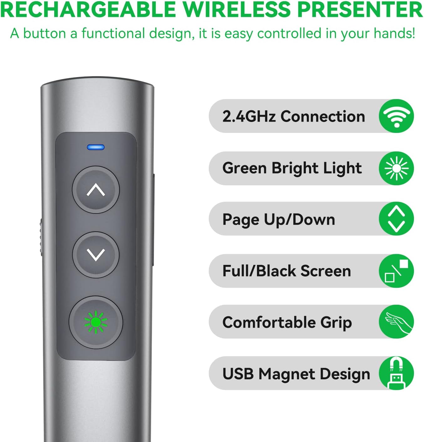 Metallic Presentation Clicker Presenter Remote - Rechargeable Wireless Presenter with Green Laser Pointer, 2 in 1 USB Clicker for PowerPoint & Google Slides, Compatible with MacBook/PC