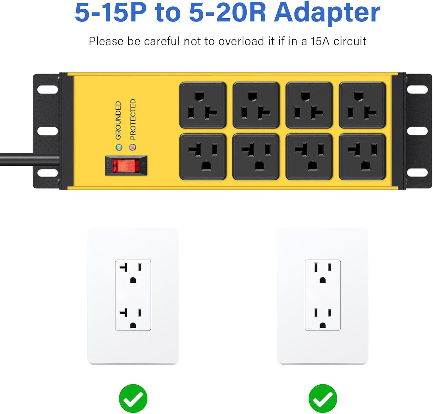 CCCEI Magnetic Heavy Duty Power Strip Surge Protector 20Amp, 12 Gauge High Amp Extension Outlets, Garage Wall Mount 8 Plug Metal Power Strip. 10FT, Yellow, 5-15P Adapter 6-20R T-Slot 20a for Appliance