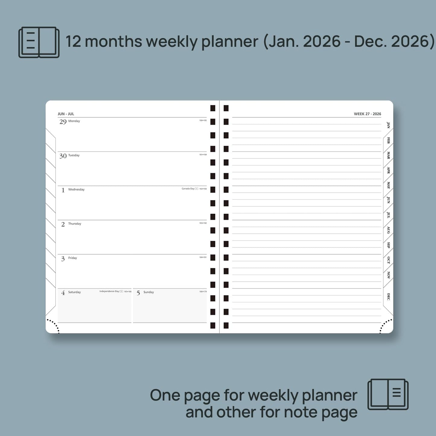 POPRUN 2026 Planner Weekly Notebook (Jan-Dec), Medium 8.5''x 6.5'' - Agenda 2026 Calendar Book with Monthly Tabs, Inner Pocket, Spiral Soft Cover, 100 GSM - Cerulean Blue