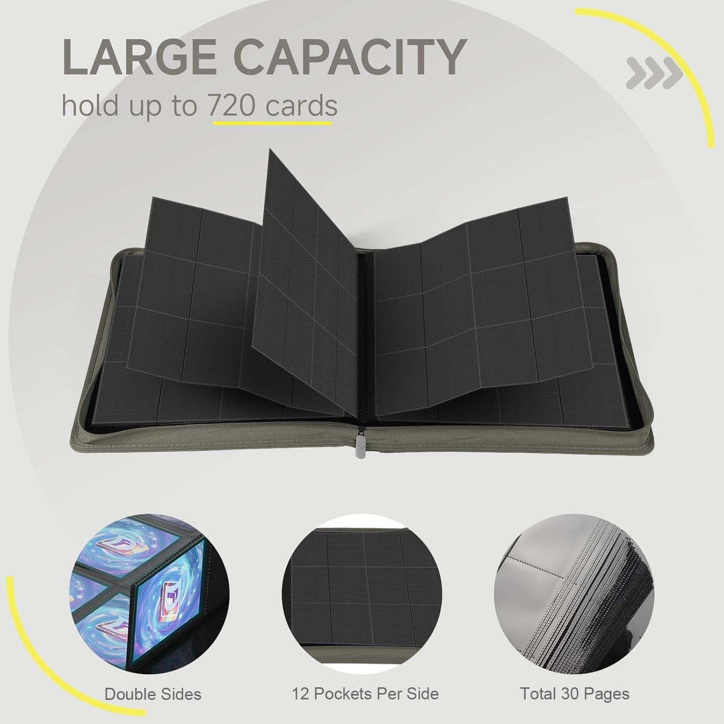 Trading Card Binder with Zip,12 Pockets Card Binder,720 Double Sided Pocket Card Collection Binder,Card Album Card Folder for MTG,TCG,Sports Cards,Game Cards,Grey