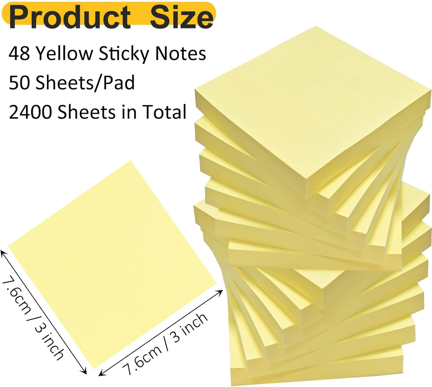 48 Pack 2400 Sheets Sticky Notes 3x3 Inches Bulk Colored Posted Notes Yellow Notes Stickies Note Pads for Office, School, and Home Supplies, 50 Sheets/pad